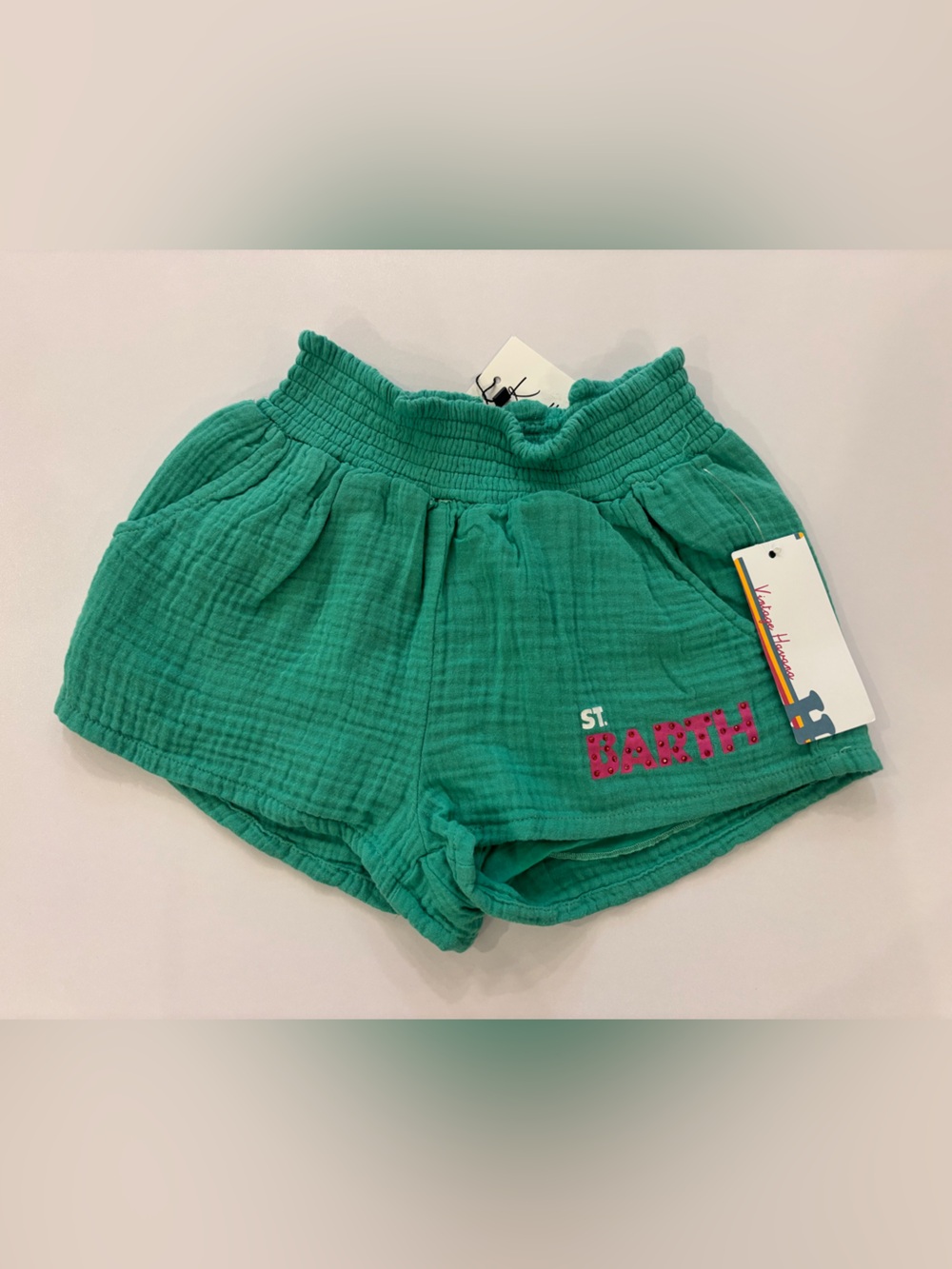 Kids Green Elastic Waist Shorts with St Barth graphic